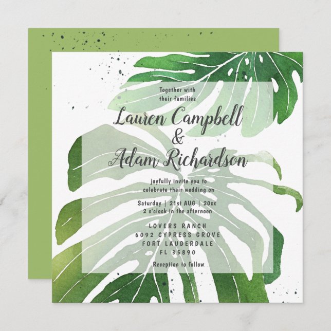 Invitation Aquarelle tropicale Monstera Foliage Mariage (Devant / Derrière)