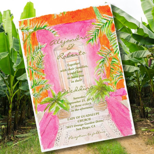 Invitation Aquarelle Tropicale Palm Dove Coral Mariage Floral (Créateur téléchargé)