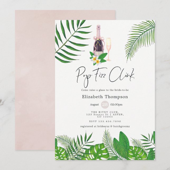 Invitation Aquarelle tropicale Pop Fizz Clink (Devant / Derrière)