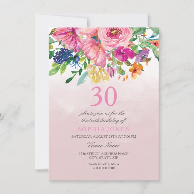 Invitation Aquarelle tropicale rose Blush 30e anniversaire (Devant)