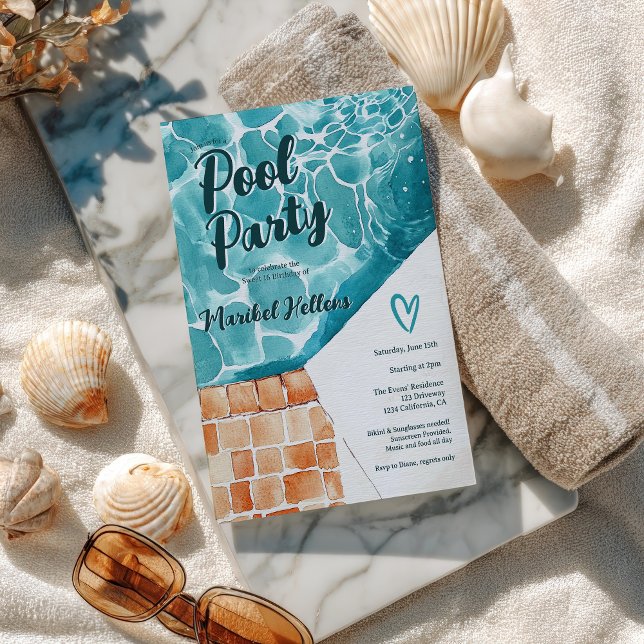 Invitation Aquarelle tropicale Sweet 16 Pool Party Anniversai (Tropical Watercolor Sweet 16 Pool Party Birthday Invitation)