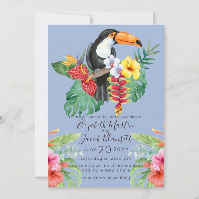 Invitation Aquarelle tropicale Toucan Mariage virtuel (Devant)