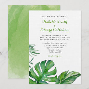 Invitation Aquarelle tropicale Vert Monstera Feuille Mariage