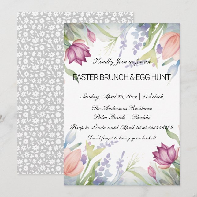 Invitation Aquarelle Tulipe Florale Pâques Brunch & Chasse au (Devant / Derrière)