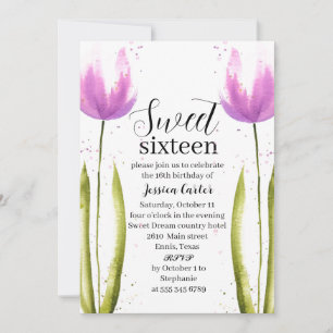 Invitation Aquarelle Tulipes pourpres Floral Sweet 16 Seize