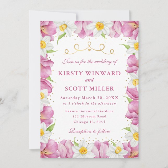 Invitation Aquarelle Tulipes roses et Mariage de jonquilles (Devant)