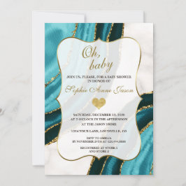 Invitation Aquarelle Turquoise Agate Baby shower Or