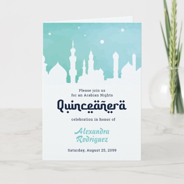 Invitation Aquarelle Turquoise Arabian Nights Quinceañera (Devant)