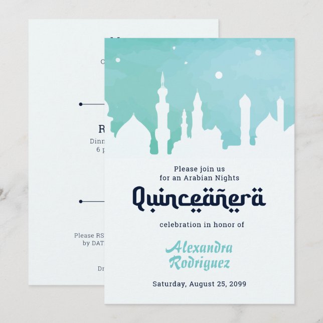 Invitation Aquarelle Turquoise Arabian Nights Quinceañera (Devant / Derrière)