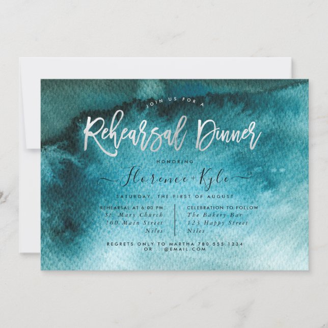 Invitation Aquarelle Turquoise Bleu+Faux Dîner de répétition  (Devant)