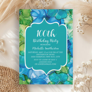Invitation Aquarelle Turquoise bleu vert 100e anniversaire
