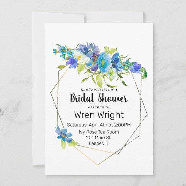 Invitation Aquarelle Turquoise Bleu violet Cadre Or Floral (Devant)