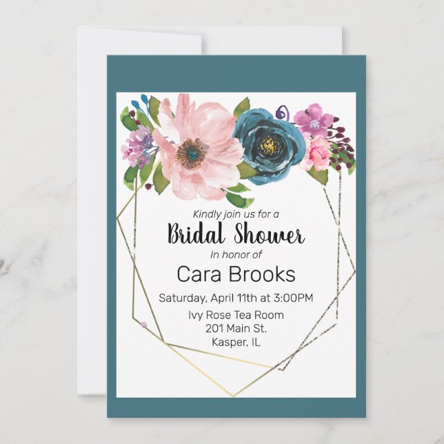 Invitation Aquarelle Turquoise Bleu violet Cadre Or Floral (Devant)