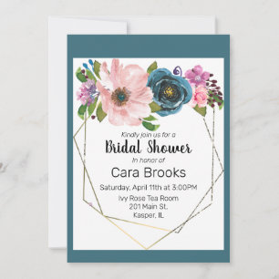 Invitation Aquarelle Turquoise Bleu violet Cadre Or Floral
