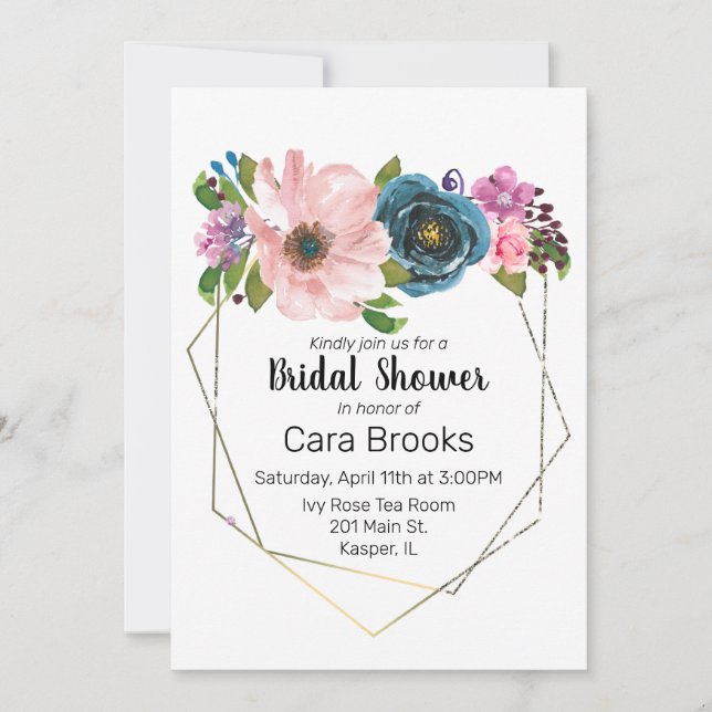 Invitation Aquarelle Turquoise Bleu violet Cadre Or Floral (Devant)