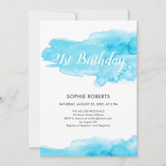 Invitation Aquarelle Turquoise Color Splash 21e anniversaire (Devant)