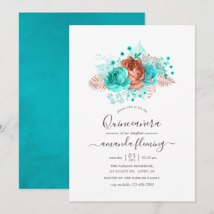 Invitation Aquarelle Turquoise & Corail Quinceañera