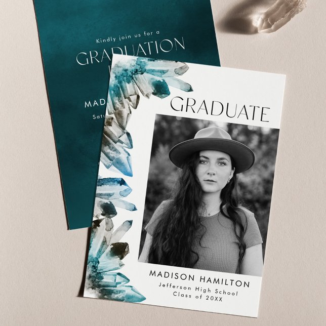 Invitation Aquarelle turquoise Crystal Photo Graduation Party (Créateur téléchargé)