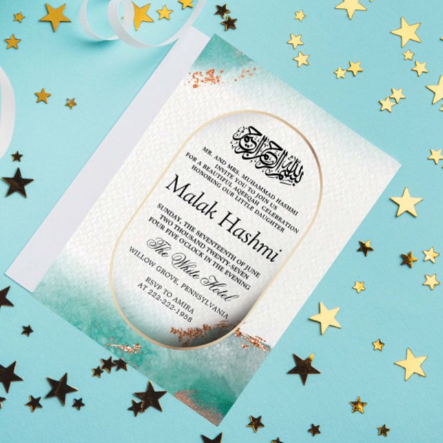 Invitation Aquarelle Turquoise de luxe Aqiqa islamique Aqeeqa (Créateur téléchargé)