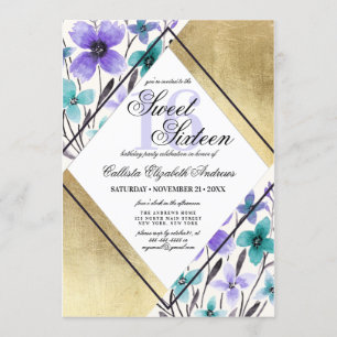 Invitation Aquarelle Turquoise dorée moderne violet doux 16