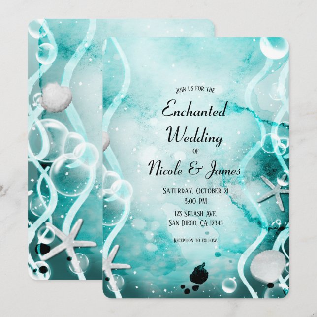 Invitation Aquarelle Turquoise écorce d'encre sous le Mariage (Devant / Derrière)