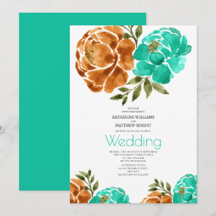 Invitation Aquarelle turquoise en terre cuite Boho floral