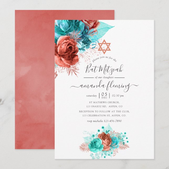 Invitation Aquarelle turquoise et corail Bat mitzvah Floral (Devant / Derrière)