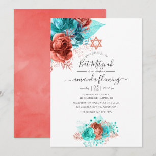 Invitation Aquarelle turquoise et corail Bat mitzvah Floral