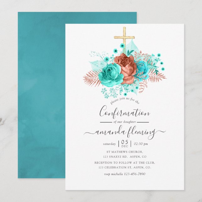 Invitation Aquarelle turquoise et corail Confirmation florale (Devant / Derrière)