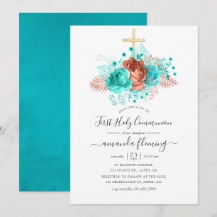 Invitation Aquarelle turquoise et corail Floral Sainte Commun