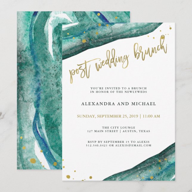 Invitation Aquarelle Turquoise et Gold Geode Post Mariage Bru (Devant / Derrière)