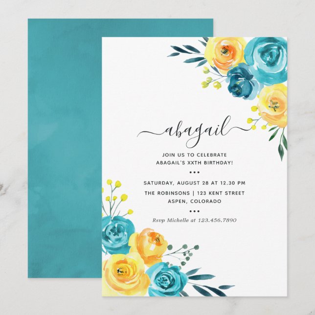 Invitation Aquarelle turquoise et jaune Floral Anniversaire (Devant / Derrière)