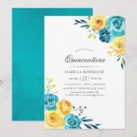 Aquarelle turquoise et jaune Floral Quinceañera