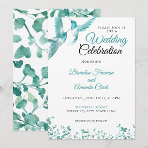 Invitation Aquarelle Turquoise Floral Colibri Mariage