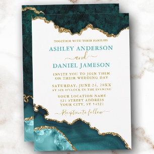 Invitation Aquarelle Turquoise Gold Geode Marbre Mariage