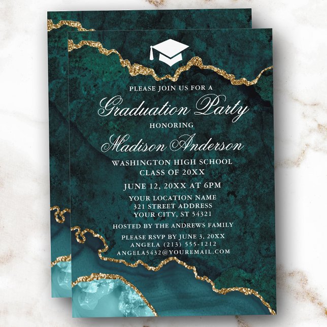 Invitation Aquarelle Turquoise Marbre Or Partie de graduation (Customize to change text size, style or to add more text or photos to back of card.)