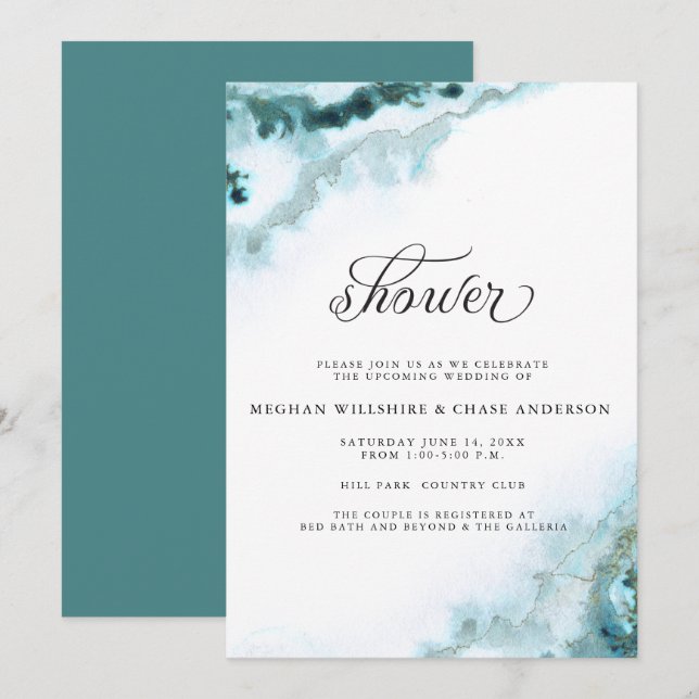 Invitation Aquarelle Turquoise moderne Moss Agate BarefootBri (Devant / Derrière)