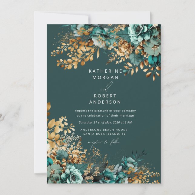 Invitation Aquarelle Turquoise or Floral Mariage (Devant)