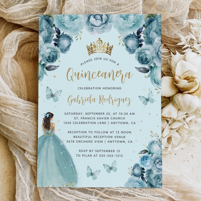 Invitation Aquarelle Turquoise Or Floral Quinceañera (Créateur téléchargé)