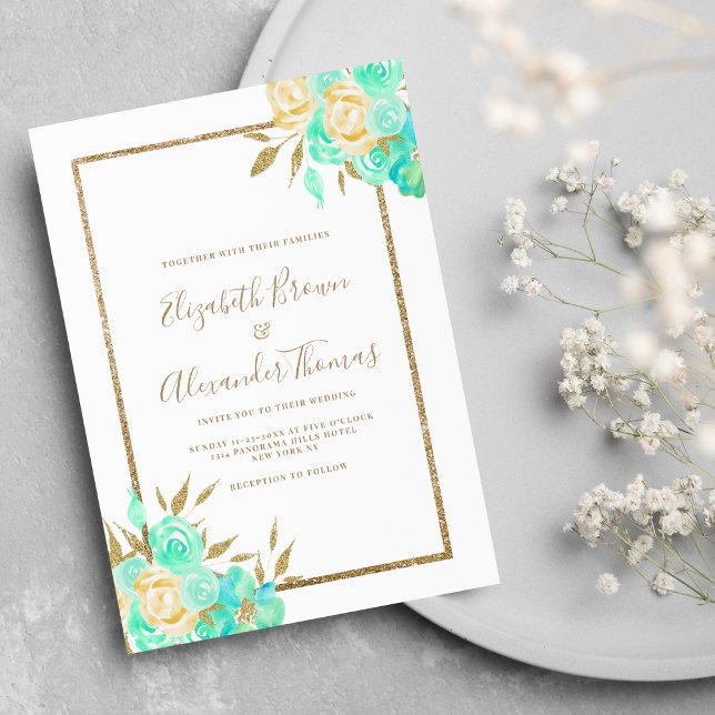 Invitation Aquarelle turquoise or parties scintillant mariage (Watercolor turquoise gold glitter floral wedding)