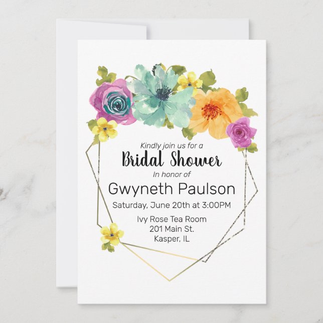 Invitation Aquarelle Turquoise Orange Jaune Rose Floral Or (Devant)