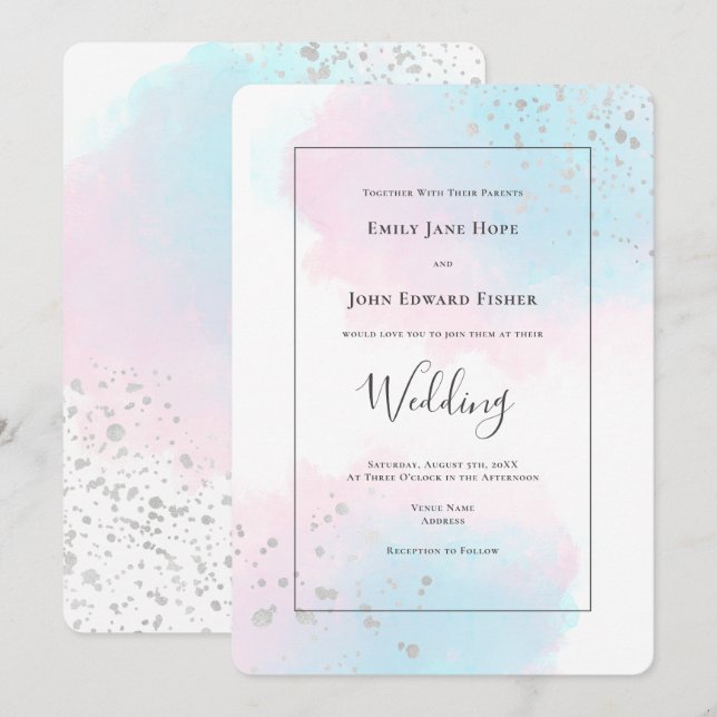 Invitation Aquarelle Turquoise rose bleu Argent Confetti Mari (Devant / Derrière)