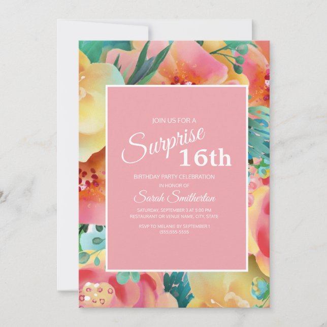 Invitation Aquarelle Turquoise rose jaune 16e anniversaire (Devant)