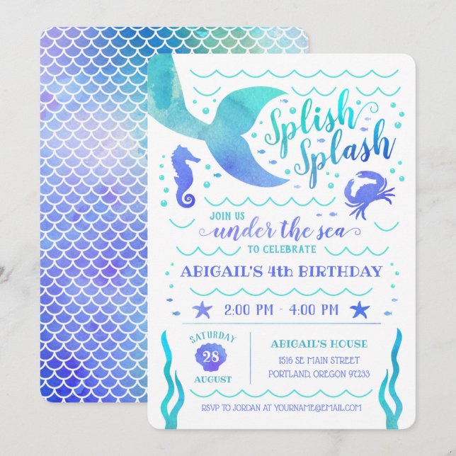 Invitation Aquarelle turquoise sous la mer Sirène Anniversair (Devant / Derrière)