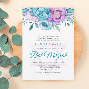 Invitation Aquarelle Turquoise violet Bat mitzvah floral
