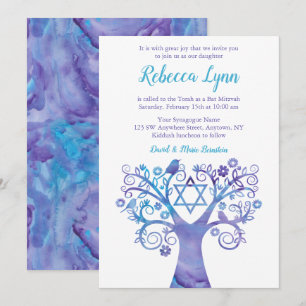Invitation Aquarelle Turquoise violette Arbre Bat mitzvah de 