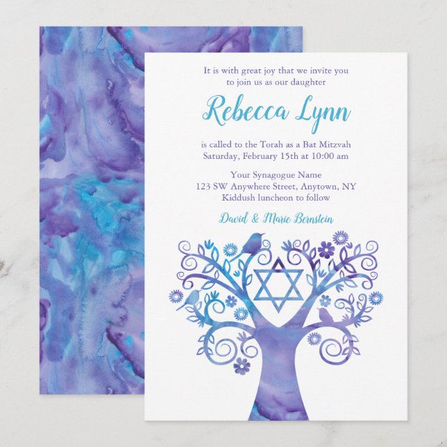 Invitation Aquarelle Turquoise violette Arbre Bat mitzvah de  (Devant / Derrière)