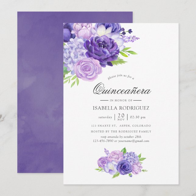 Invitation Aquarelle Ultra Violet Floral Quinceañera (Devant / Derrière)