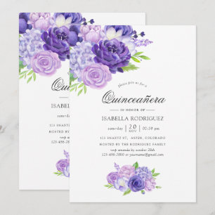 Invitation Aquarelle Ultra Violet Floral Quinceañera Invitat
