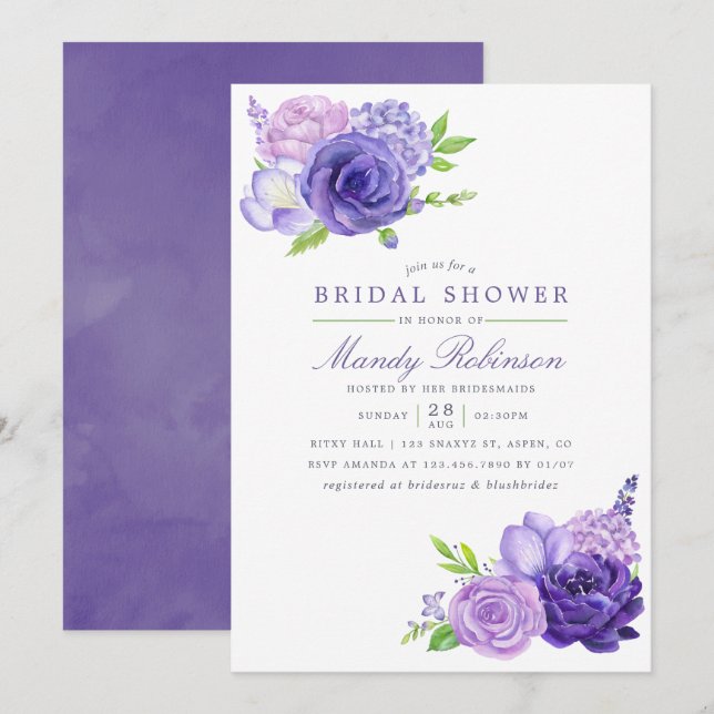 Invitation Aquarelle ultra violette Fête des mariées florale (Devant / Derrière)